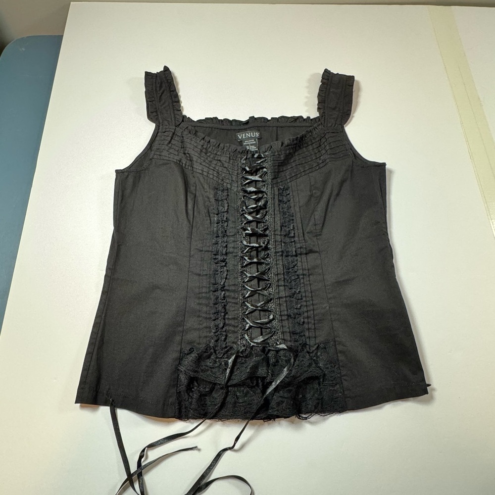 VENUS Black Lace-Up Women's Top Large Coquette Festival Going Out
